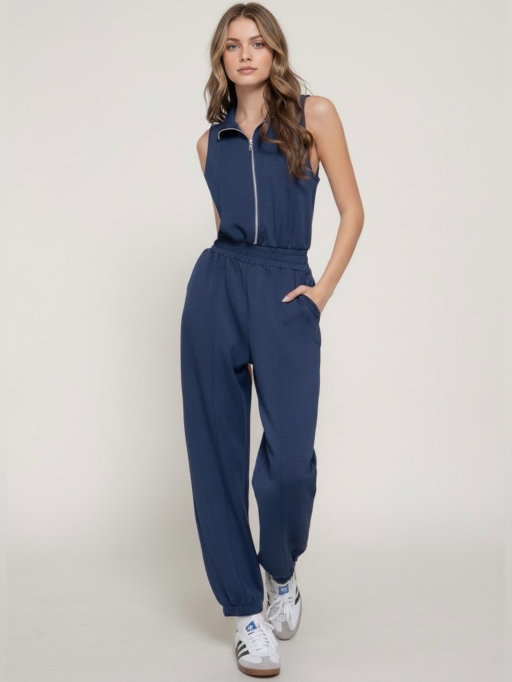 1342 • Navy Butter Soft Scuba Zip Front Sleeveless Jumpsuit